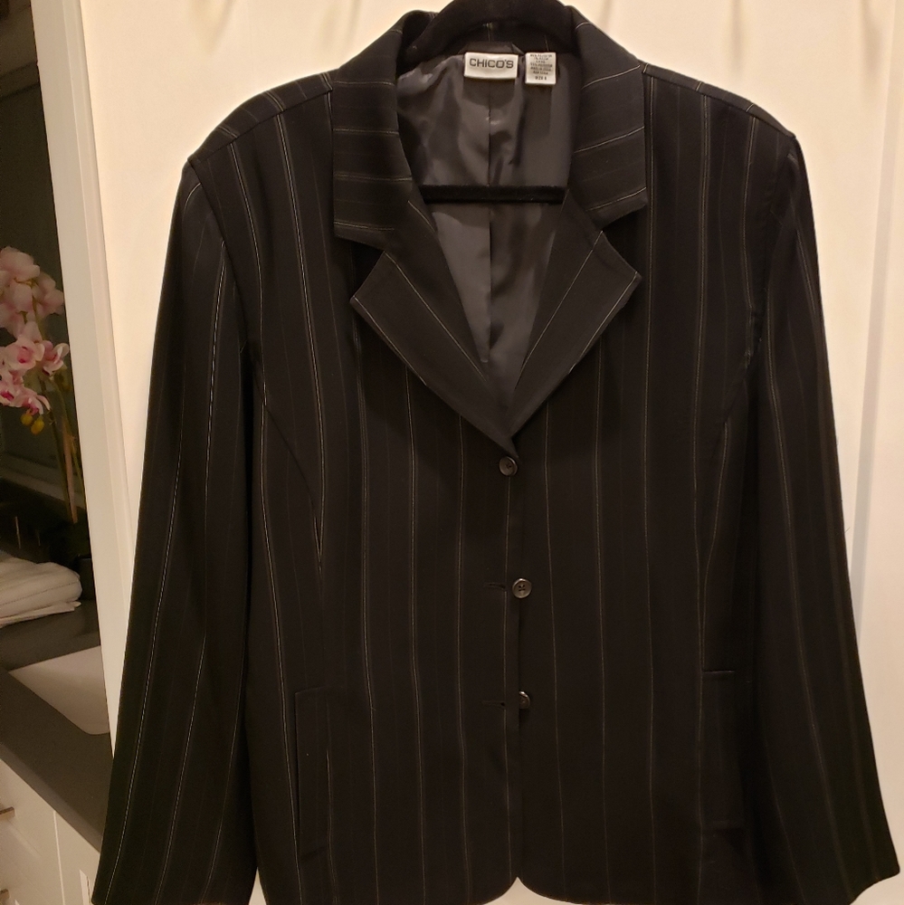 Chico's Black and White Blazer with Pinstripes